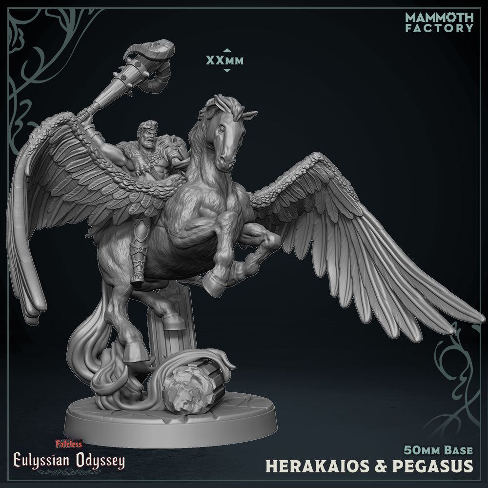 Herakaios op Pegasus D&D miniatuur - heroïsche mythische held op gevleugelde pegasus uit Eulyssian Odyssey collectie, hoogdetail resin DND miniaturen centerpiece voor fantasy tabletop RPG van Quest & Craft
