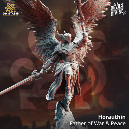 Horauthin Father of War & Peace D&D miniatuur - majestueuze goddelijke deity met divine dualiteit uit Feet First Into Hell campagne, premium DND miniaturen fantasy god voor TTRPG divine encounters uit Nederland bij Quest & Craft