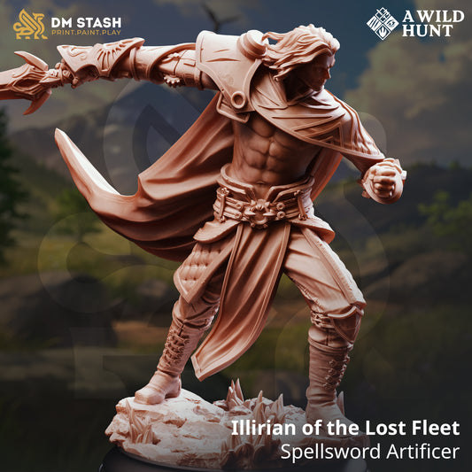 Illirian of the Lost Fleet Spellsword Artificer D&D miniatuur - briljante legendary craftsman met arcane devices uit A Wild Hunt collectie, premium DND miniaturen fantasy spellsword artificer voor TTRPG magic-tech encounters uit Nederland bij Quest & Craft