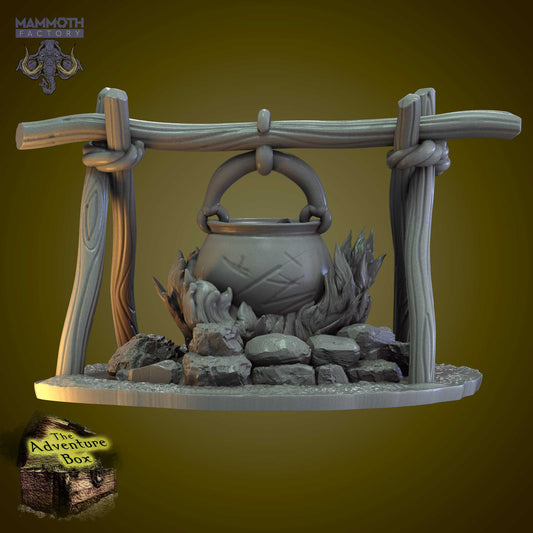 Kampvuur met Kookpot D&D miniatuur - tabletop terrein vuurplaats uit 3D Tabletop Terrein collectie, hoogdetail resin DND miniaturen terrein voor kampement fantasy tabletop RPG van Quest & Craft
