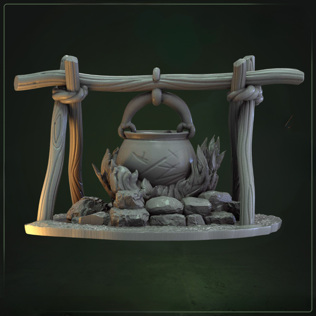 Kampvuur met Kookpot D&D miniatuur - tabletop terrein vuurplaats uit 3D Tabletop Terrein collectie, hoogdetail resin DND miniaturen terrein voor kampement fantasy tabletop RPG van Quest & Craft
