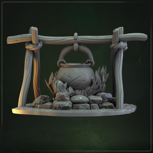 Kampvuur met Kookpot D&D miniatuur - tabletop terrein vuurplaats uit 3D Tabletop Terrein collectie, hoogdetail resin DND miniaturen terrein voor kampement fantasy tabletop RPG van Quest & Craft
