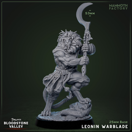 Leonin Warblade D&D miniatuur - majestueuze leeuwenkrieger met zwaard en vurige manen, nobele pelgrim uit Bloodstone Valley collectie voor DND miniaturen en fantasy tabletop gaming