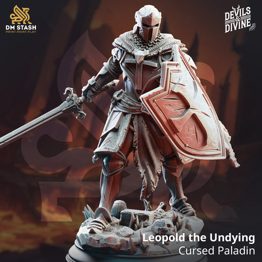 Leopold the Undying Cursed Paladin D&D miniatuur - tragische undead paladin met cursed armor uit Feet First Into Hell campagne, premium DND miniaturen fantasy cursed hero voor TTRPG moral encounters uit Nederland bij Quest & Craft