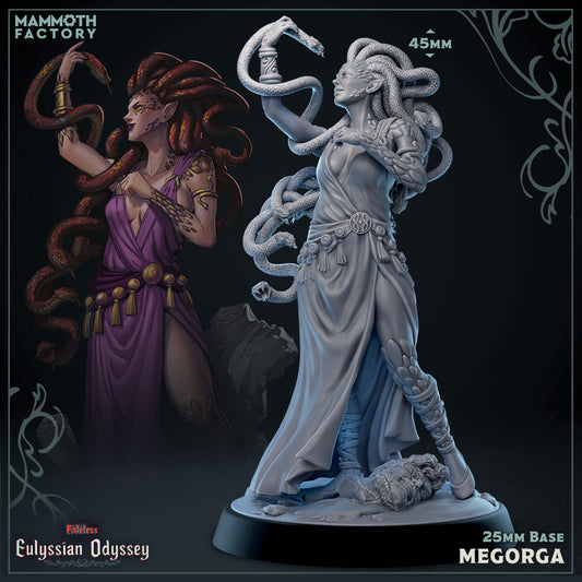 Megorga Gorgon Sorceress front-view -  D&D miniatuur - mythologische gorgon tovenares met slangenhaar uit Eulyssian Odyssey collectie, hoogdetail resin DND miniaturen voor fantasy tabletop RPG van Quest & Craft
