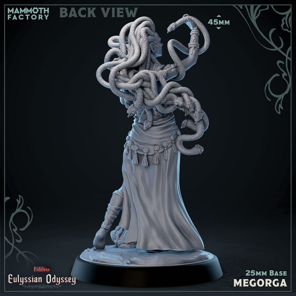Megorga Gorgon Sorceress - back view -  D&D miniatuur - mythologische gorgon tovenares met slangenhaar uit Eulyssian Odyssey collectie, hoogdetail resin DND miniaturen voor fantasy tabletop RPG van Quest & Craft
