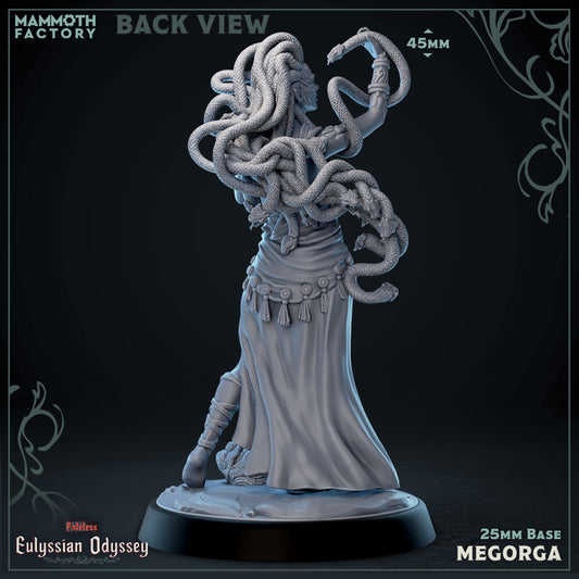 Megorga Gorgon Sorceress - back view -  D&D miniatuur - mythologische gorgon tovenares met slangenhaar uit Eulyssian Odyssey collectie, hoogdetail resin DND miniaturen voor fantasy tabletop RPG van Quest & Craft

