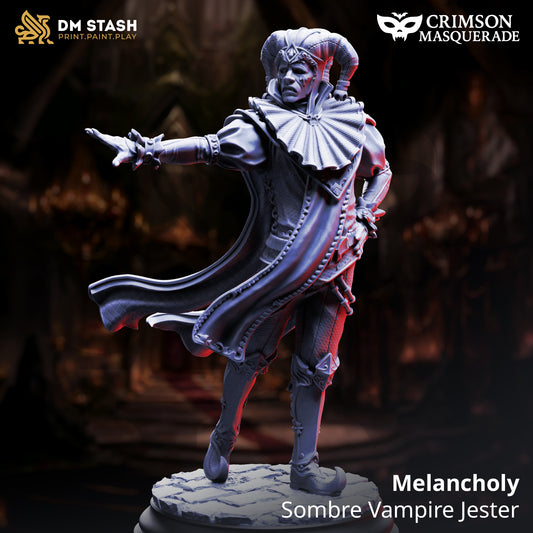Melancholy Sombre Vampire Jester D&D miniatuur - Sad expression- tragische vampier hofnar met jester costume en melancholic expression, premium DND miniaturen fantasy court entertainer voor gothic TTRPG campaigns uit Nederland bij Quest & Craft