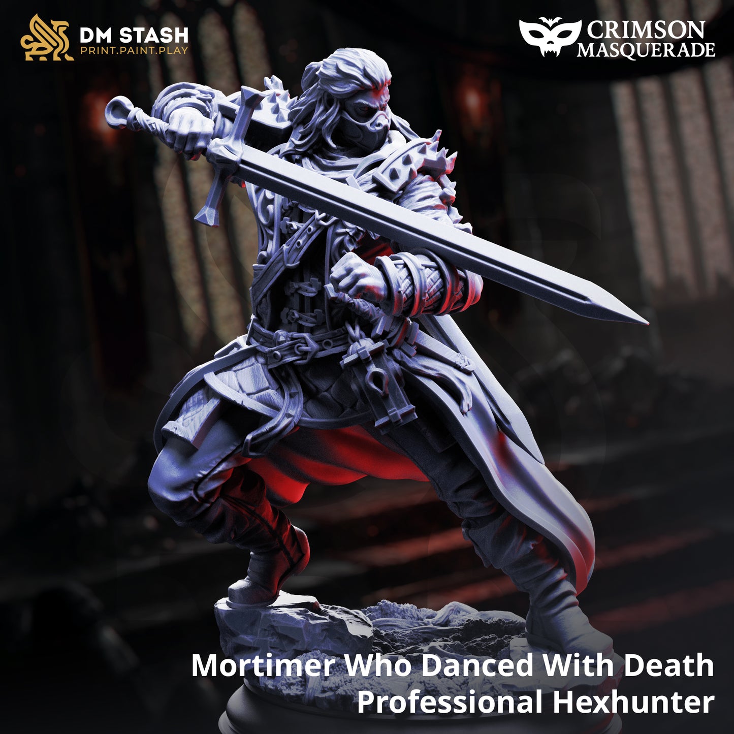 Mortimer Who Danced With Death D&D miniatuur - with mask- mysterieuze death figure met flowing robes en otherworldly expression, premium DND miniaturen fantasy necromantic character voor dark mystical TTRPG campaigns uit Nederland bij Quest & Craft