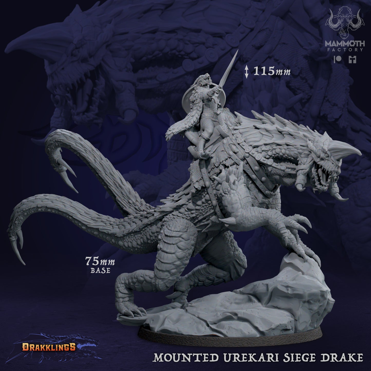 Mounted Urekari Siege Drakes D&D miniatuur - elite battle mounts draconische cavalry uit Drakklings of Dragons Keep collectie, hoogdetail resin DND miniaturen voor fantasy tabletop RPG van Quest & Craft
