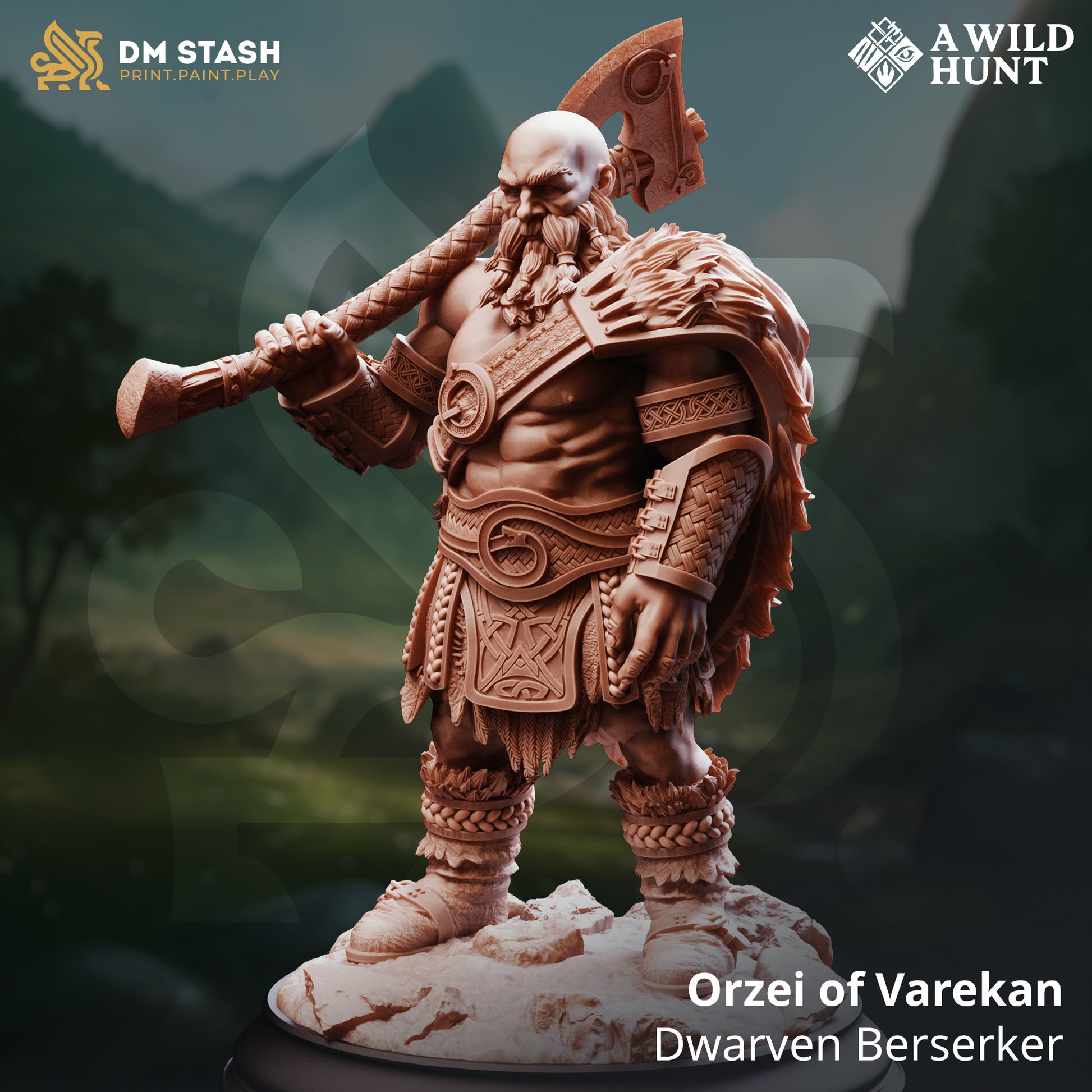 Orzei of Varekan Dwarven Berserker D&D miniatuur - ontembare legendary mountain warrior met battle scars uit A Wild Hunt collectie, premium DND miniaturen fantasy dwarven berserker voor TTRPG combat encounters uit Nederland bij Quest & Craft