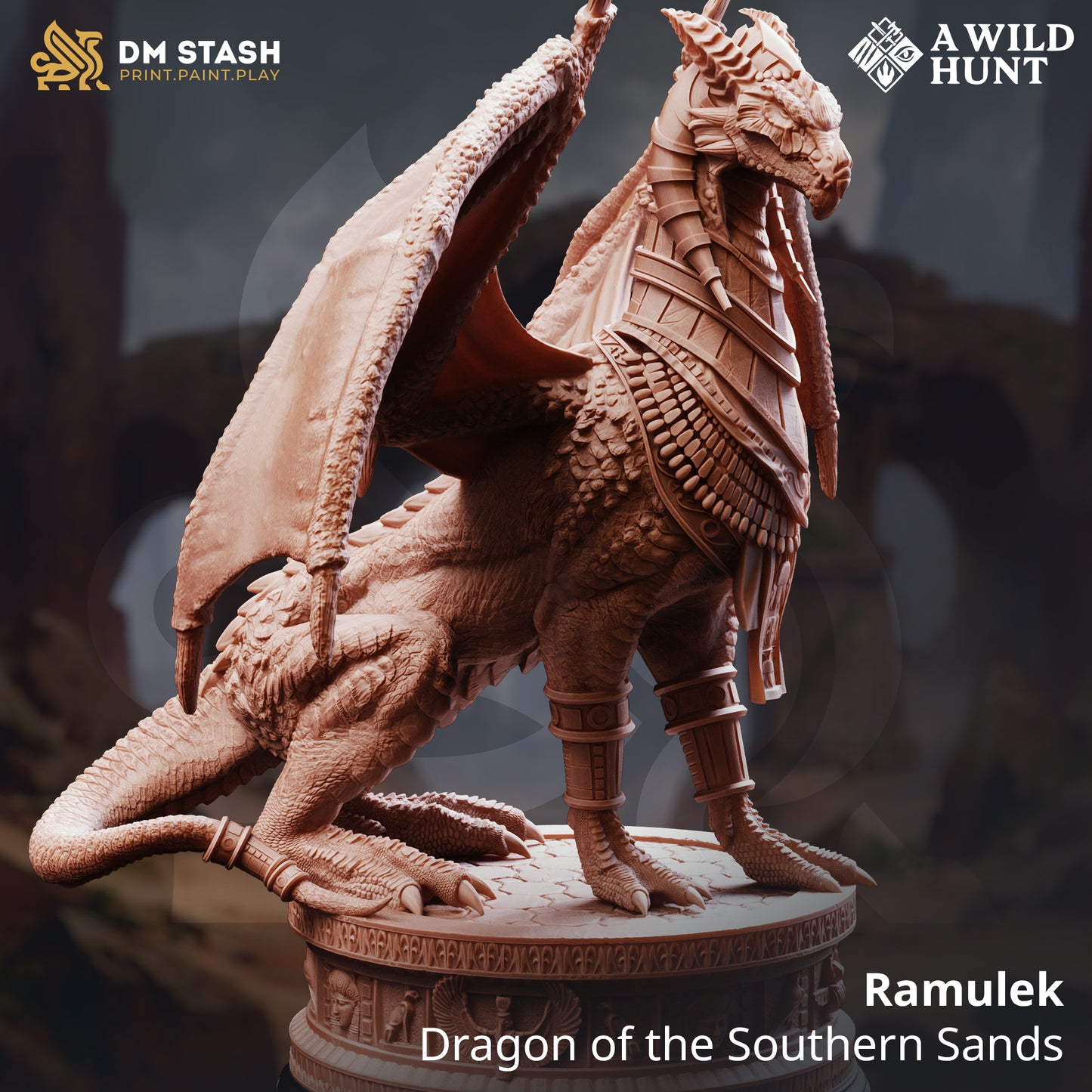 Ramulek Dragon of the Southern Sands D&D miniatuur - majestueuze ancient desert dragon met sand-covered scales uit A Wild Hunt collectie, premium DND miniaturen fantasy sand wyrm voor TTRPG dragon encounters uit Nederland bij Quest & Craft