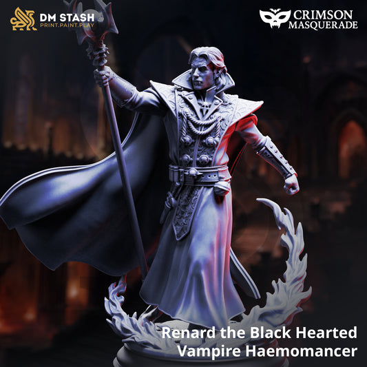 Renard the Black Hearted Vampire Haemomancer D&D miniatuur - sinistere vampier bloedmagiër met spellcasting pose en dark magical aura, premium DND miniaturen fantasy blood magic caster voor arcane horror TTRPG campaigns uit Nederland bij Quest & Craft