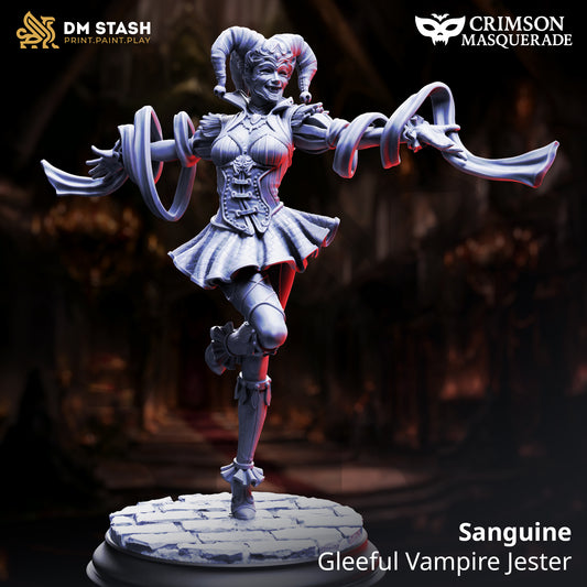 Sanguine Gleeful Vampire Jester D&D miniatuur - Masked -  charismatische vrolijke vampier hofnar met colorful jester costume en gleeful expression, premium DND miniaturen fantasy court entertainer voor gothic TTRPG campaigns uit Nederland bij Quest & Craft