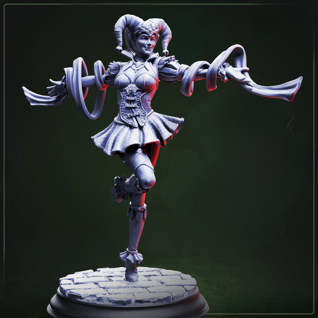 Sanguine Gleeful Vampire Jester D&D miniatuur - charismatische vrolijke vampier hofnar met colorful jester costume en gleeful expression, premium DND miniaturen fantasy court entertainer voor gothic TTRPG campaigns uit Nederland bij Quest & Craft