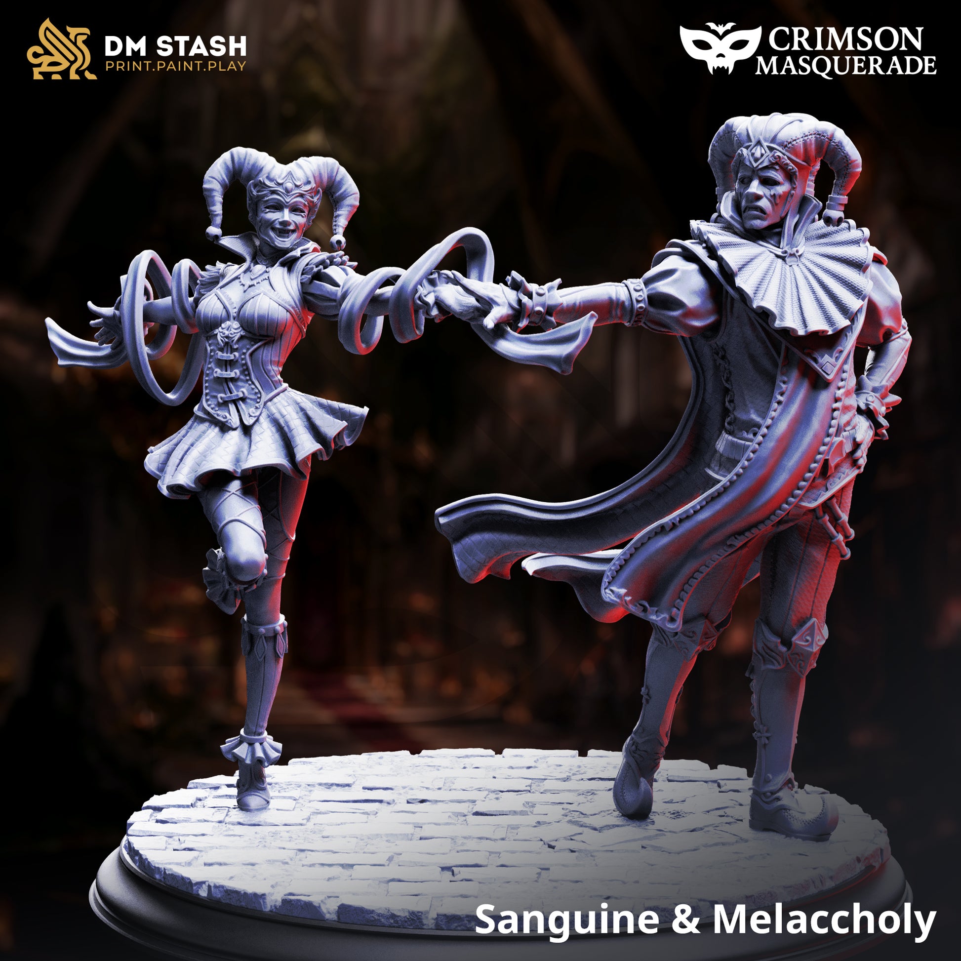 Sanguine & Melancholy - 2 van 2-Vampire Jesters of Beaufax D&D miniatuur set - iconische vampier hofnarren duo met contrasting emotions, premium DND miniaturen fantasy court entertainers voor Castle Beaufax TTRPG campaigns uit Nederland bij Quest & Craft