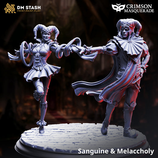Sanguine & Melancholy- 1 van 2-  Vampire Jesters of Beaufax D&D miniatuur set - iconische vampier hofnarren duo met contrasting emotions, premium DND miniaturen fantasy court entertainers voor Castle Beaufax TTRPG campaigns uit Nederland bij Quest & Craft