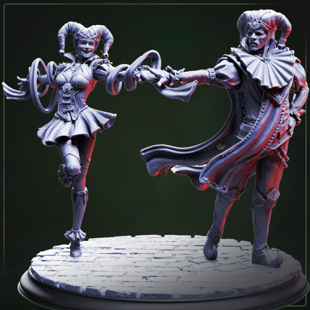 Sanguine & Melancholy - 2 van 2-Vampire Jesters of Beaufax D&D miniatuur set - iconische vampier hofnarren duo met contrasting emotions, premium DND miniaturen fantasy court entertainers voor Castle Beaufax TTRPG campaigns uit Nederland bij Quest & Craft