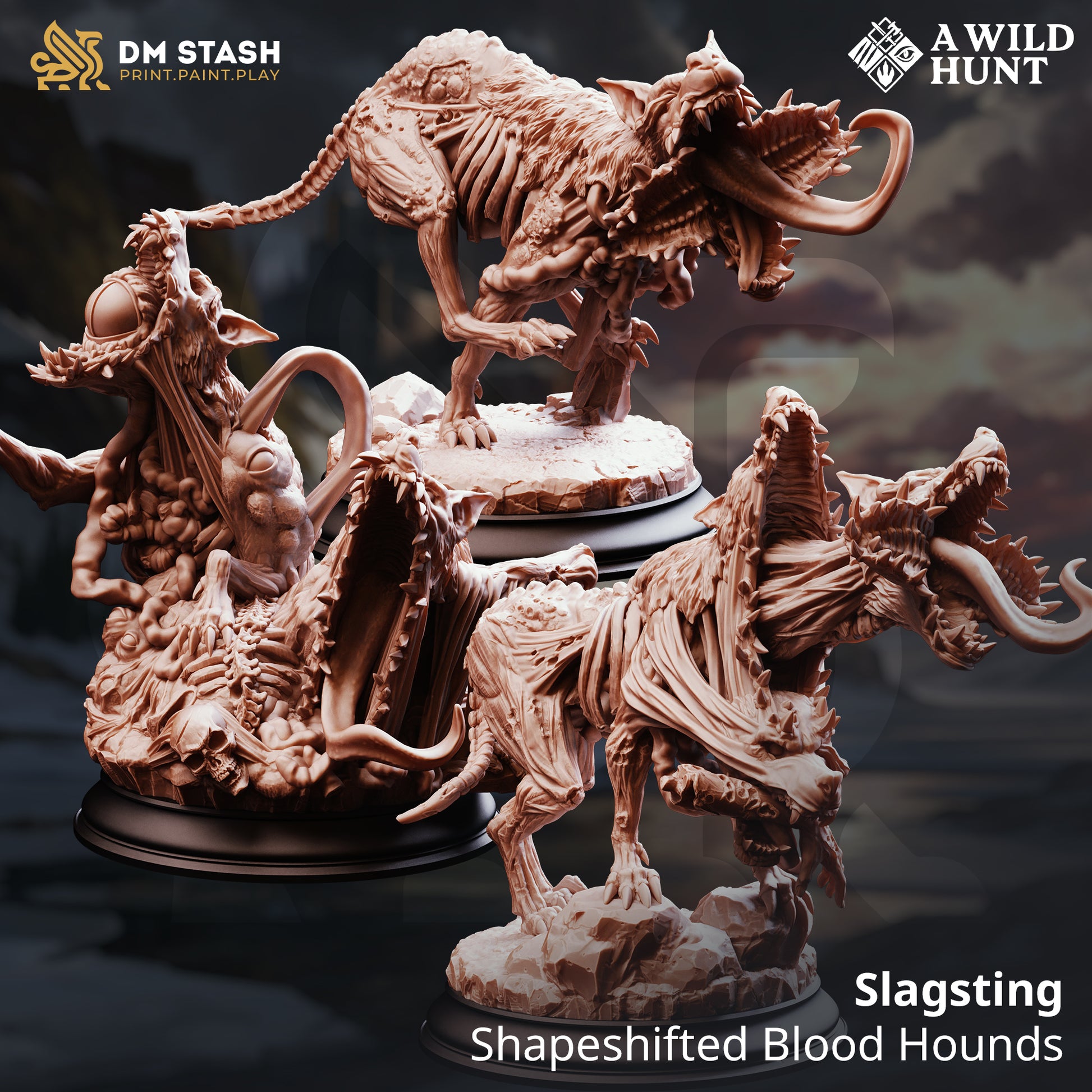 Slagsting Shapeshifted Blood Hounds D&D miniaturen - meedogenloze cursed hunter pack met shapeshifting abilities uit A Wild Hunt collectie, premium DND miniaturen fantasy blood hounds voor TTRPG chase encounters uit Nederland bij Quest & Craft