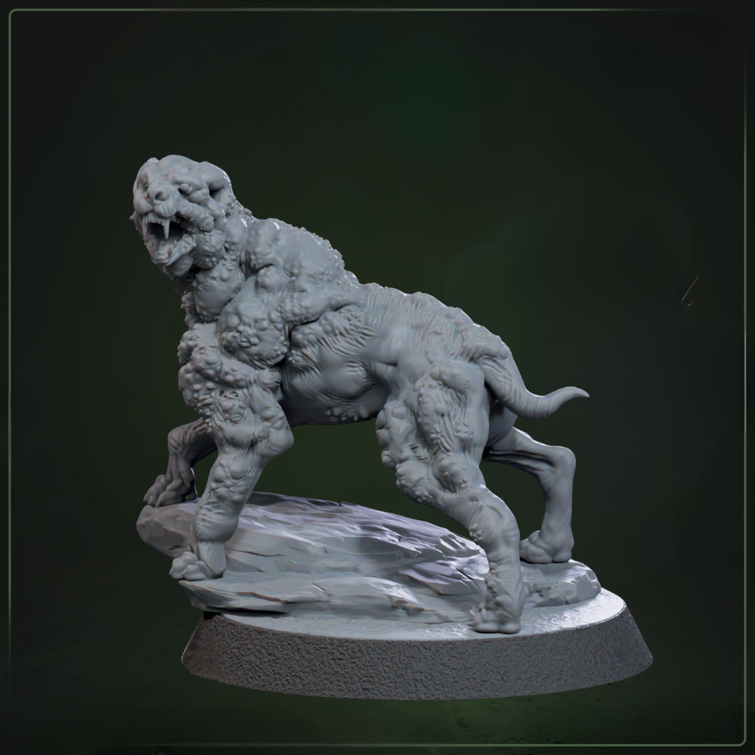 Tarr Dog D&D miniatuur - bloeddorstige hond met gapende bek uit Tarr Animals warband set, fantasy miniaturen voor corruption campaigns van Quest & Craft

