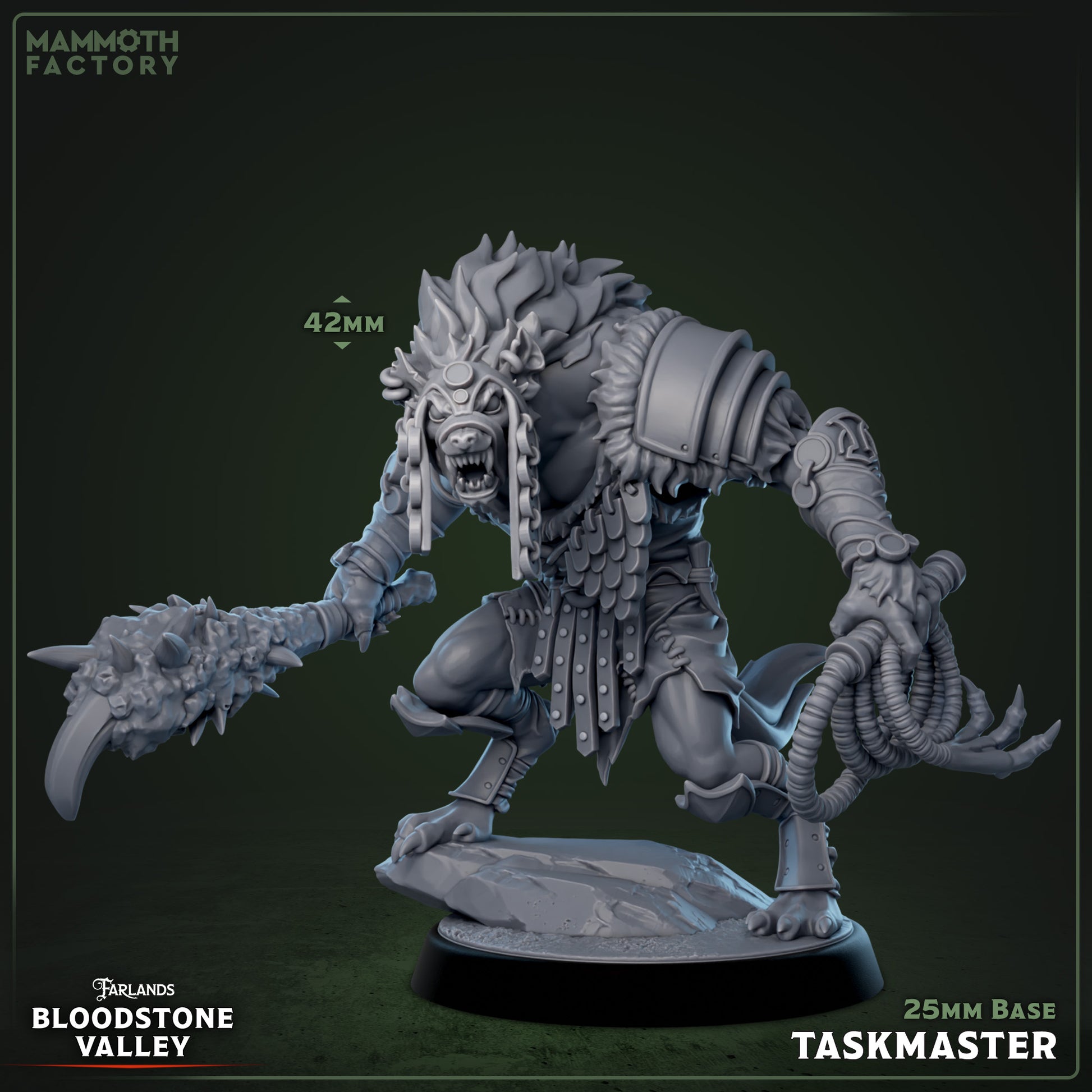 Gnoll Taskmaster D&D miniatuur - wrede slavendrijver met zweep en kettingen, sadistische gnoll uit Bloodstone Valley collectie voor DND en fantasy tabletop gaming met donkere thema's
