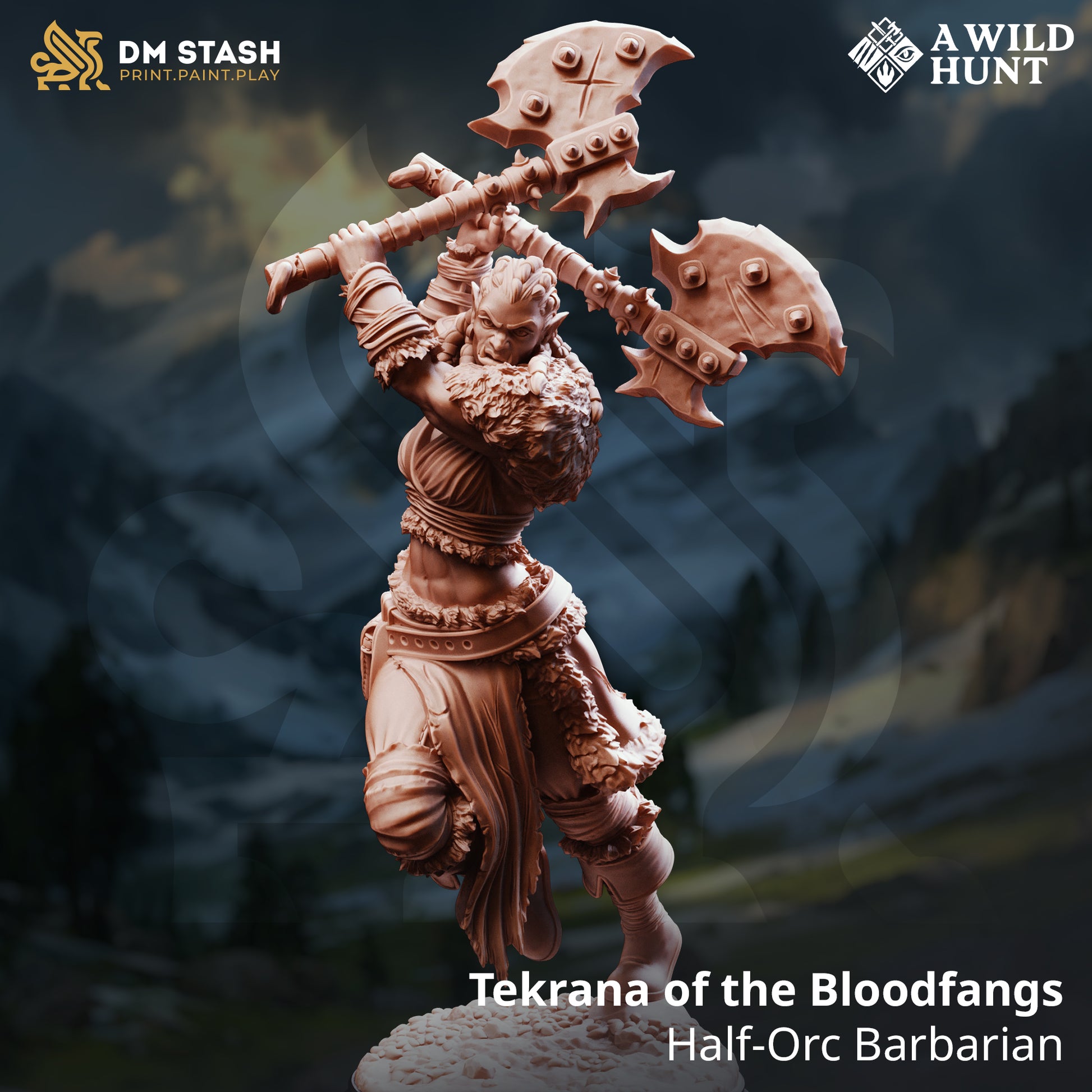 Tekrana of the Bloodfangs Half-Orc Barbarian D&D miniatuur - woeste legendary tribal warrior met savage weapons uit A Wild Hunt collectie, premium DND miniaturen fantasy half-orc barbarian voor TTRPG tribal encounters uit Nederland bij Quest & Craft