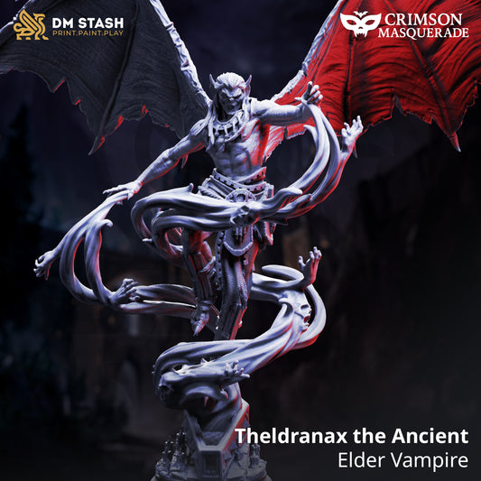 Theldranax the Ancient Elder Vampire D&D miniatuur - imposante legendarische vampier boss met regal bearing en aura of power, premium DND miniaturen fantasy ancient evil voor epic TTRPG campaigns uit Nederland bij Quest & Craft
