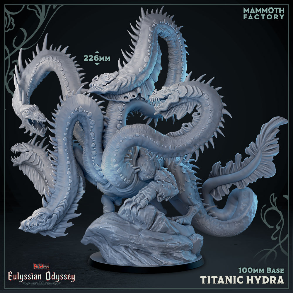 Titanic Hydra D&D miniatuur - vooraanzicht - kolossale large scale boss monster 5-koppige hydra uit Eulyssian Odyssey collectie, hoogdetail resin DND miniaturen voor legendarische tabletop RPG encounters 