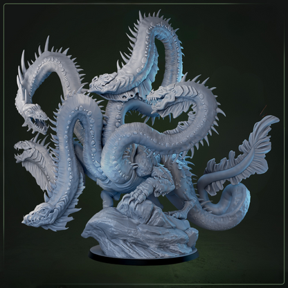 Titanic Hydra D&D miniatuur - vooraanzicht - kolossale large scale boss monster 5-koppige hydra uit Eulyssian Odyssey collectie, hoogdetail resin DND miniaturen voor legendarische tabletop RPG encounters 