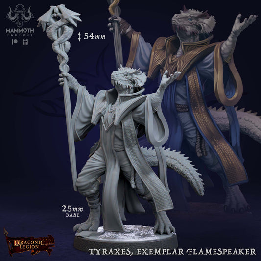 Tyraxes Exemplar Flamespeaker D&D miniatuur - machtige vurige magiër van de Drakkari uit Draconic Legion collectie, hoogdetail resin DND miniaturen voor fantasy tabletop RPG van Quest & Craft
