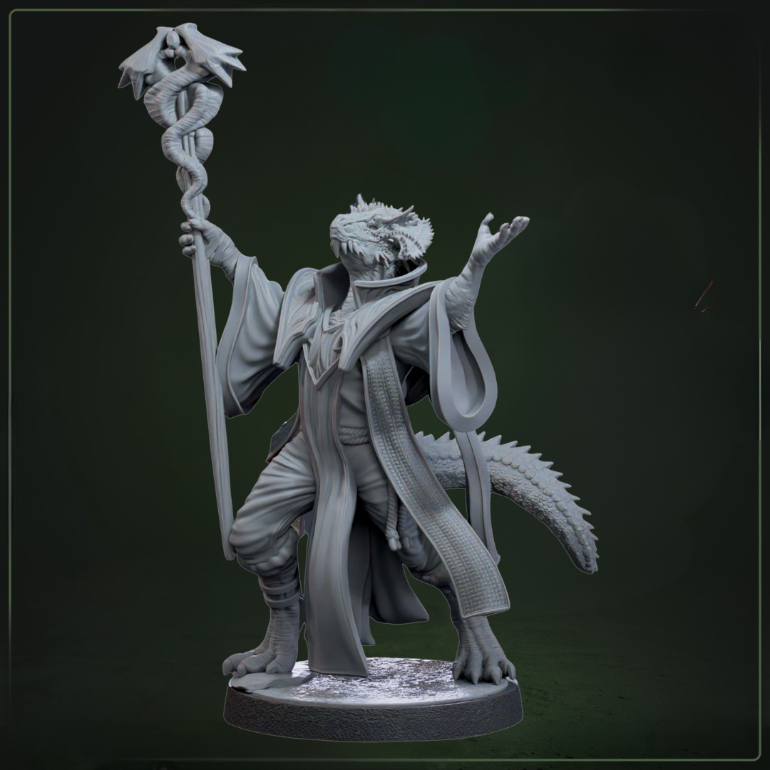Tyraxes Exemplar Flamespeaker D&D miniatuur - machtige vurige magiër van de Drakkari uit Draconic Legion collectie, hoogdetail resin DND miniaturen voor fantasy tabletop RPG van Quest & Craft
