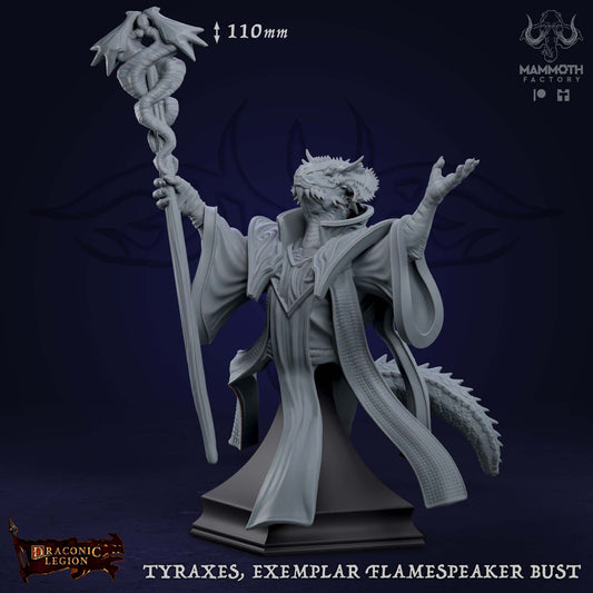 Tyraxes Exemplar Flamespeaker Bust D&D miniatuur - premium character bust draconische vuurmagiër uit Draconic Legion collectie, hoogdetail resin DND miniaturen bust voor verzamelaars van Quest & Craft
