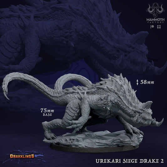 Urekari Siege Drake 2 D&D miniatuur - belegeringskrachtige draconische warbeast met twin-tails, premium DND miniaturen voor epische encounters bij Quest & Craft

