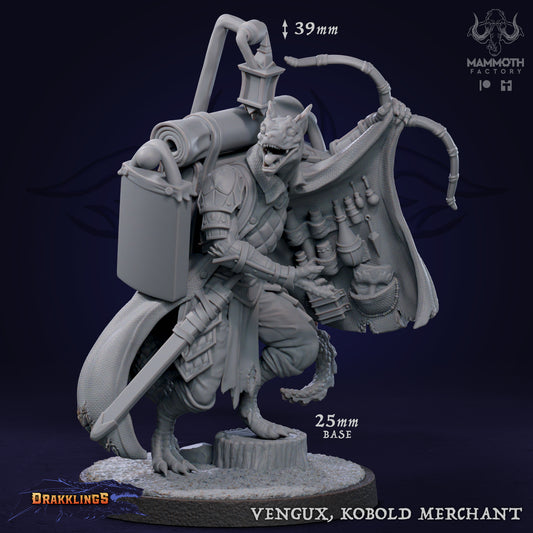 Vengux Kobold Merchant D&D miniatuur - handelaar uit Drakklings of Dragons Keep collectie, hoogdetail resin DND miniaturen NPC voor fantasy tabletop RPG van Quest & Craft