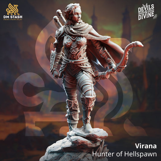 Virana Hunter of Hellspawn D&D miniatuur - meedogenloze demon hunter met specialized weapons uit Feet First Into Hell campagne, premium DND miniaturen fantasy specialist warrior voor TTRPG demon encounters uit Nederland bij Quest & Craft