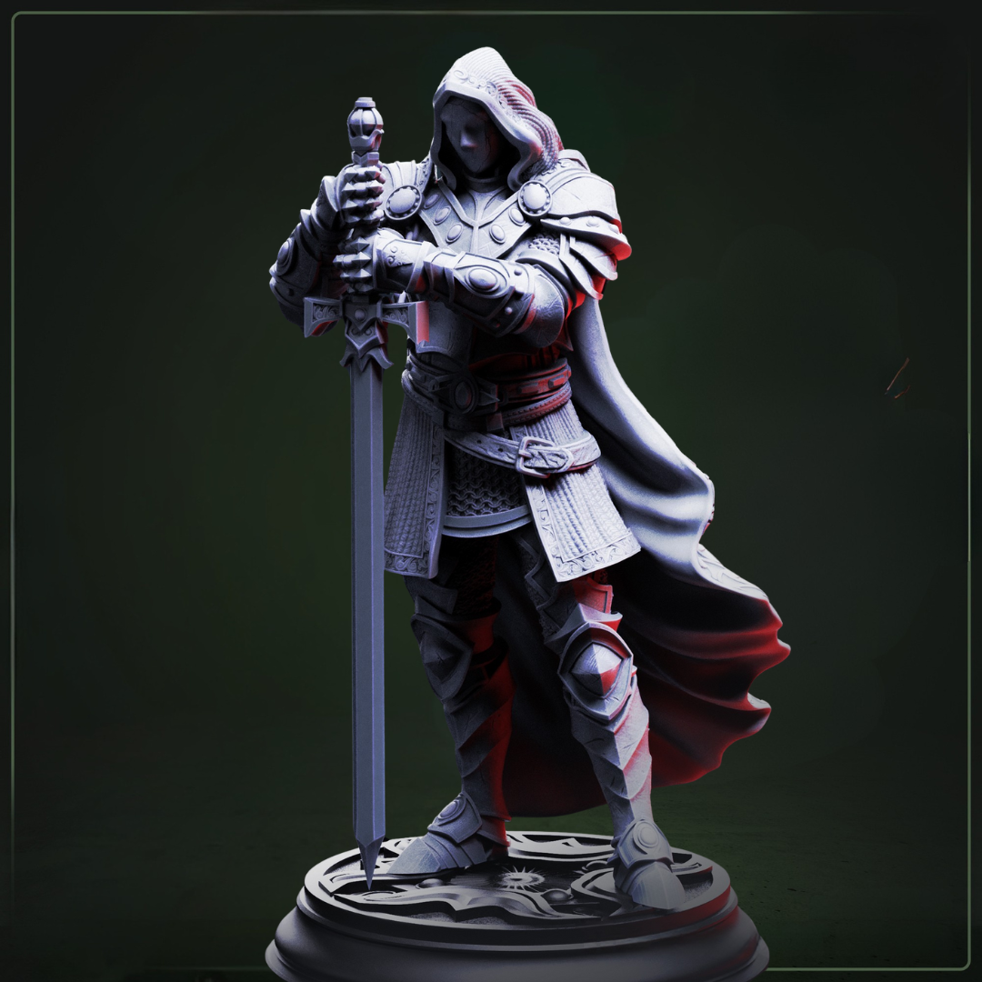 Visage The Faceless Knight D&D miniatuur - mysterieuze ridder met expressionless helm en imposing armor, premium DND miniaturen fantasy enigmatic warrior voor mystery TTRPG campaigns uit Nederland bij Quest & Craft