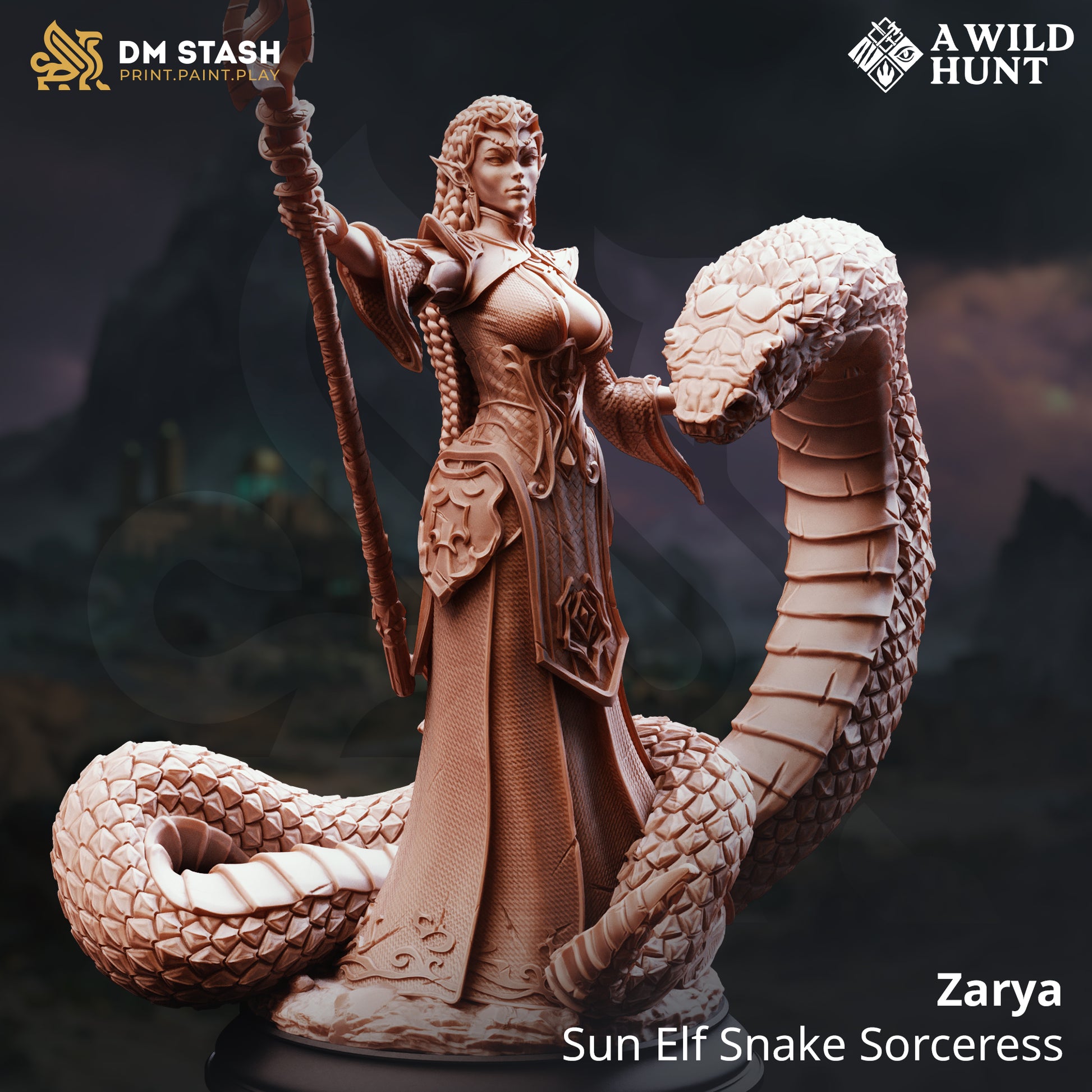 Zarya Sun Elf Snake Sorceress D&D miniatuur - mysterieuze legendary serpent mage met solar symbols uit A Wild Hunt collectie, premium DND miniaturen fantasy snake sorceress voor TTRPG exotic magic encounters uit Nederland bij Quest & Craft